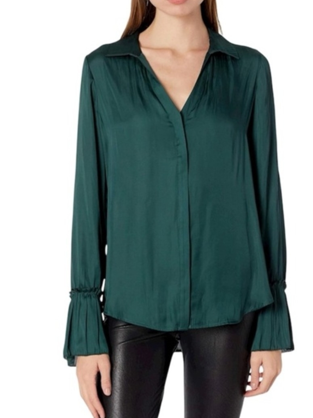 PAIGE Deep Green Satin Button-Down Blouse
